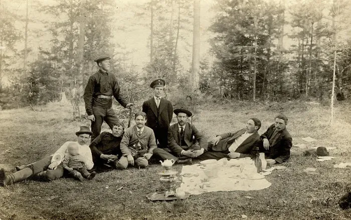 Framed Print : Employees of the Znamensky glass factory on a forest walk in the vicinity of the village, 1910-1913. Creator: S. Ia. Mamontov Framed Print : Employees of the Znamensky glass factory on a forest walk in the vicinity of the village, 1910-1913. Creator: S. Ia. Mamontov