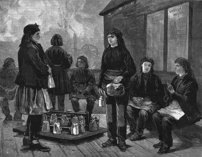 Framed Print : The employment of women at pit mouths - breakfast time, 1886. Creator: Unknown Framed Print : The employment of women at pit mouths - breakfast time, 1886. Creator: Unknown