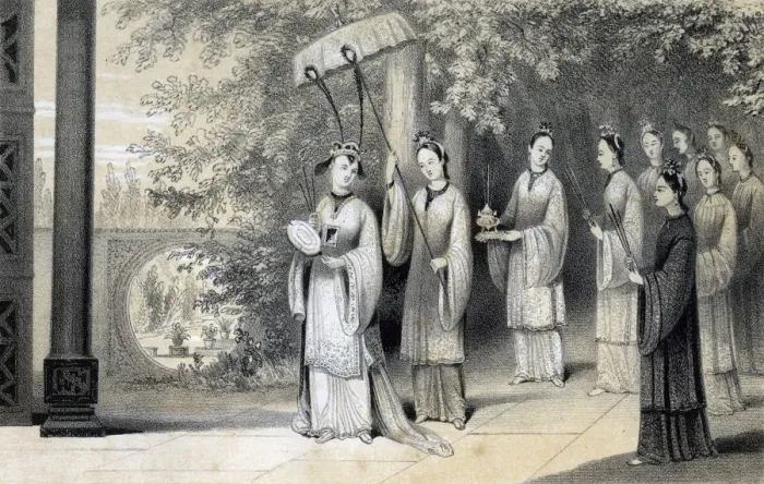 Framed Print : The empress and her attendants proceeding to the temple from the mulberry grove, 1847. Artist: JW Giles Framed Print : The empress and her attendants proceeding to the temple from the mulberry grove, 1847. Artist: JW Giles