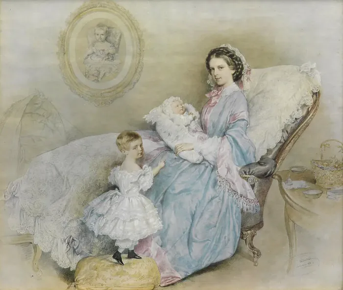 Framed Print : Empress Elisabeth and her children, Gisela and Rudolf, 1858. Creator: Kriehuber; Josef (1800-1876) Framed Print : Empress Elisabeth and her children, Gisela and Rudolf, 1858. Creator: Kriehuber; Josef (1800-1876)