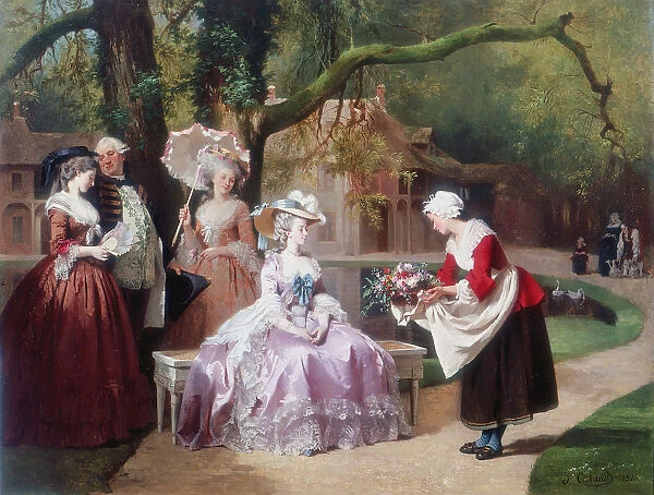 Empress Eugenie presented with bouquet by peasant girl. Artist: J Carand