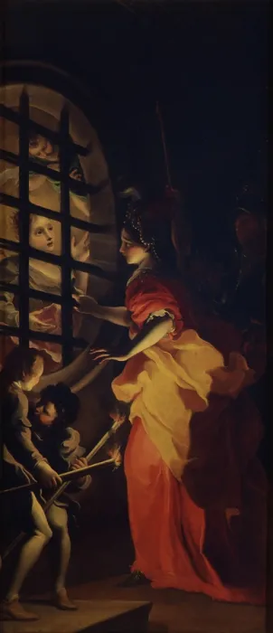 Framed Print : Empress Faustina Visiting Saint Catherine in Prison, 1694. Creator: Preda, Carlo (1651 / 52-1729)