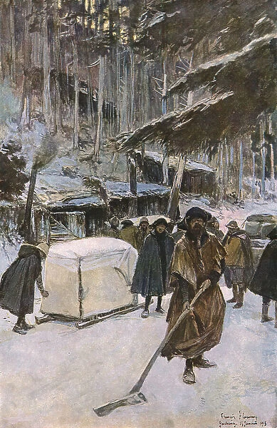 En Alsace; Arrivee de blesses, en traineau, au poste de secours, 1915. Creator: Unknown
