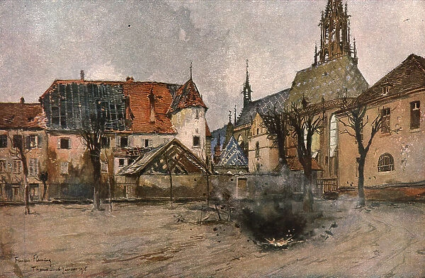 En Alsace; Eclatement d'un obus allemand pres de l'eglise de Thann, 1915. Creator: Francois Flameng