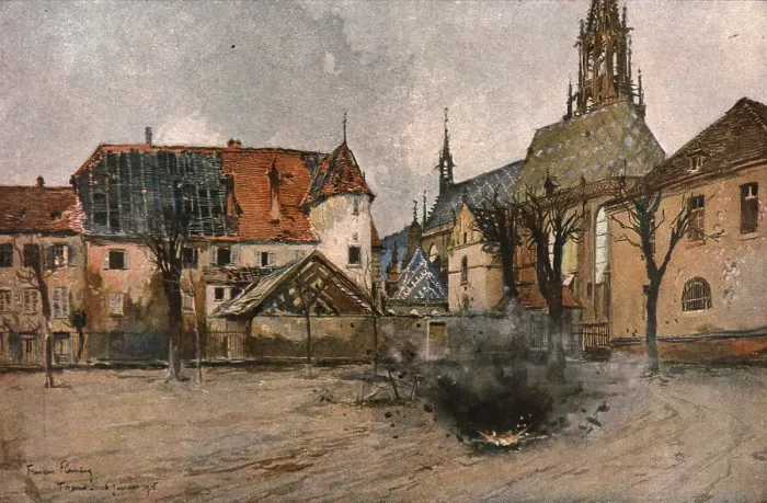 Framed Print : En Alsace; Eclatement d'un obus allemand pres de l'eglise de Thann, 1915. Creator: Francois Flameng Framed Print : En Alsace; Eclatement d'un obus allemand pres de l'eglise de Thann, 1915. Creator: Francois Flameng