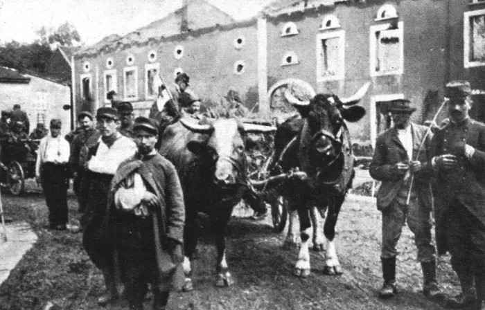 Framed Print : En Alsace et sur la Frontiere; Bremenil, que traverse ce convoi de blesses, 1914. Creator: Unknown Framed Print : En Alsace et sur la Frontiere; Bremenil, que traverse ce convoi de blesses, 1914. Creator: Unknown