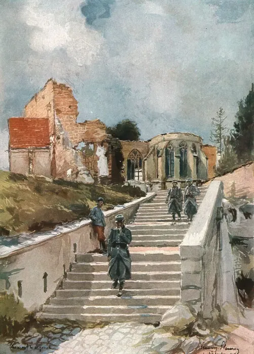 Framed Print : En Argonne; L'Eglise de Clermont-en-Argonne, 1915. Creator: Francois Flameng Framed Print : En Argonne; L'Eglise de Clermont-en-Argonne, 1915. Creator: Francois Flameng