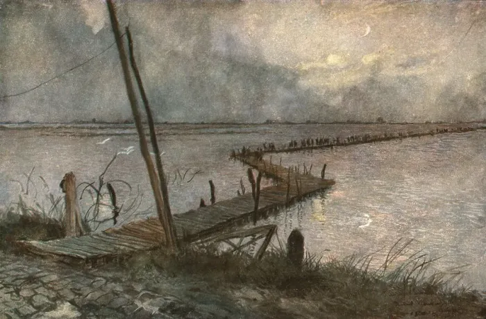 Framed Print : En Belgique; les inondations devant Ramscapelle. c1915. Creator: Francois Flameng Framed Print : En Belgique; les inondations devant Ramscapelle. c1915. Creator: Francois Flameng