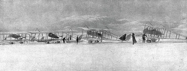 'En campagne avec les Serbes; Escadrille francaise de Serbie surprise par une forte chute... 1915. Creator: Unknown