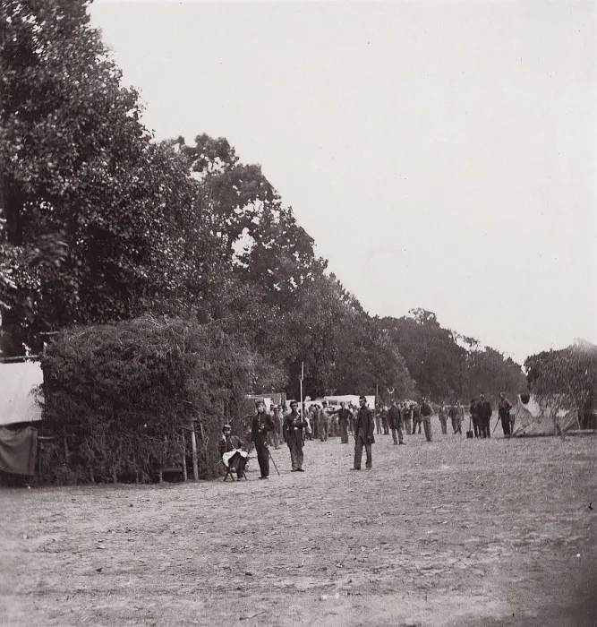 Framed Print : [Encampment alongside a stand of trees]. Brady album, p. 123, 1861-65. Creator: Unknown