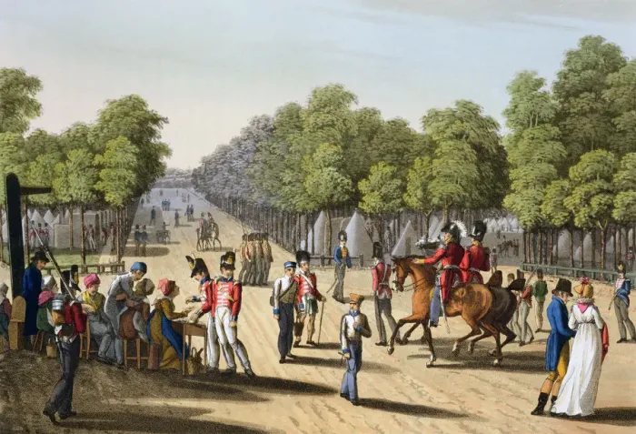 Framed Print : Encampment of the British army in the Bois de Boulogne, Paris, 1815 (1817). Artist Framed Print : Encampment of the British army in the Bois de Boulogne, Paris, 1815 (1817). Artist