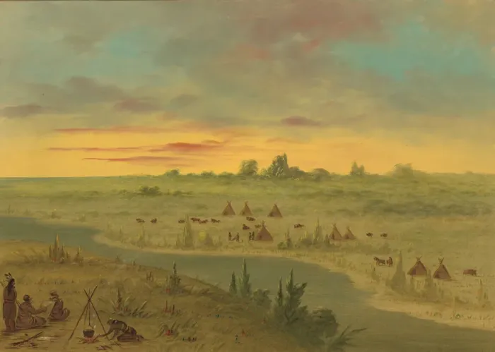 Framed Print : Encampment of Pawnee Indians at Sunset, 1861 / 1869. Creator: George Catlin Framed Print : Encampment of Pawnee Indians at Sunset, 1861 / 1869. Creator: George Catlin