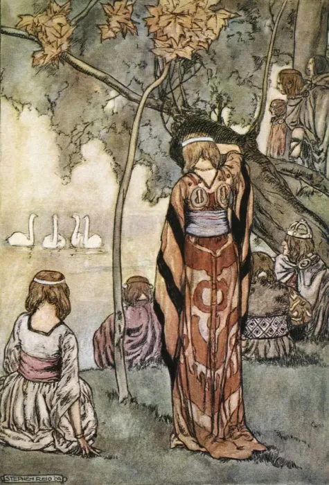 Framed Print : They made an encampment and the swans sang to them, c1910. Artist: Stephen Reid Framed Print : They made an encampment and the swans sang to them, c1910. Artist: Stephen Reid