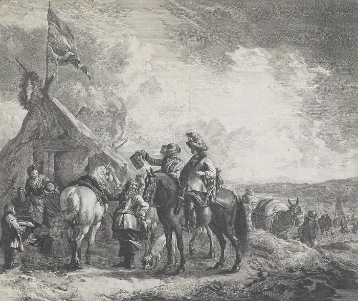 Framed Print : Encampments: A military encampment with a tent flying a flag, c.1670. Creator: Jan de Visscher Framed Print : Encampments: A military encampment with a tent flying a flag, c.1670. Creator: Jan de Visscher