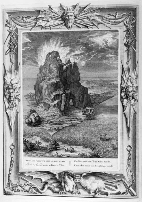 Framed Print : Enceladus buried underneath Mount Etna, 1733. Artist: Bernard Picart Framed Print : Enceladus buried underneath Mount Etna, 1733. Artist: Bernard Picart