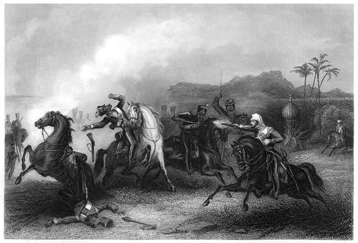 Framed Print : Encounter between Lieutenant Hills and a body of Sepoy cavalry, 1857, (c1860) Framed Print : Encounter between Lieutenant Hills and a body of Sepoy cavalry, 1857, (c1860)
