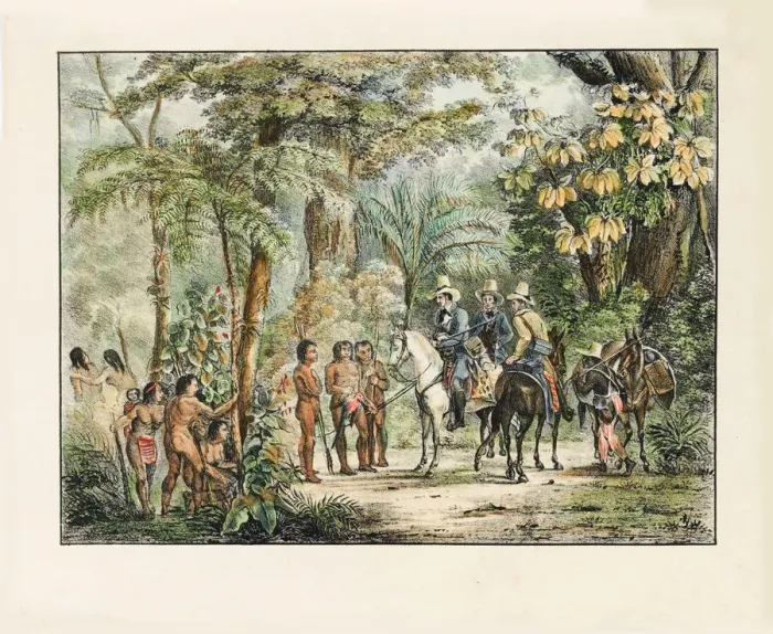 Framed Print : The encounter between the Native Americans and Europeans. From Malerische Reise in Brasilien Framed Print : The encounter between the Native Americans and Europeans. From Malerische Reise in Brasilien