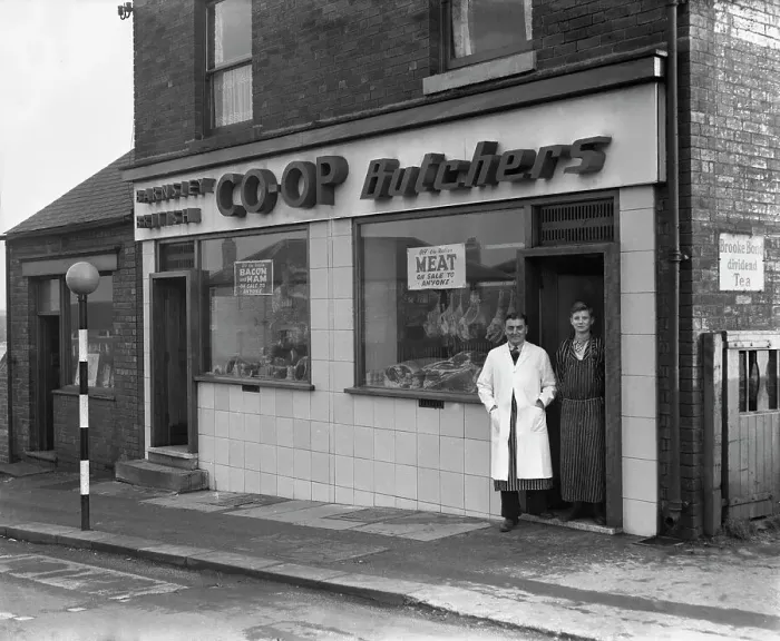 Framed Print : End of rationing, meat and bacon on sale at the Barnsley Co-op butchers, South Yorkshire, 1954 Framed Print : End of rationing, meat and bacon on sale at the Barnsley Co-op butchers, South Yorkshire, 1954