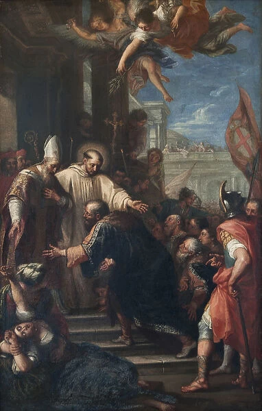 The end of the schism of Anacletus. The Antipope Anacletus II kneeling before Pope Innocent II, um 1