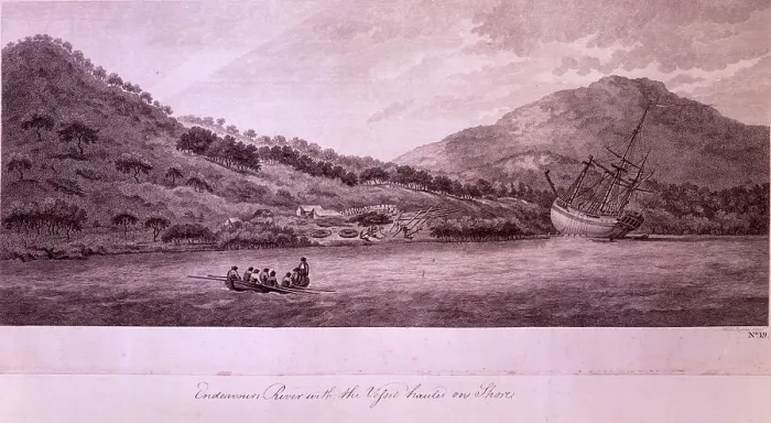 Framed Print : Endeavours River with the Vessel hauled on the Shore, 1770, (late 18th century). Creator: William Byrne