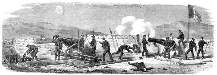 Framed Print : Engagement between the Bourbonnais Neapolitan steam-frigate and the ship-gun battery... 1860. Creator: Unknown. Engagement between the Bourbonnais Neapolitan steam-frigate and the ship-gun battery... 1860. Creator: Unknown Framed Print : Engagement between the Bourbonnais Neapolitan steam-frigate and the ship-gun battery... 1860. Creator: Unknown. Engagement between the Bourbonnais Neapolitan steam-frigate and the ship-gun battery... 1860. Creator: Unknown