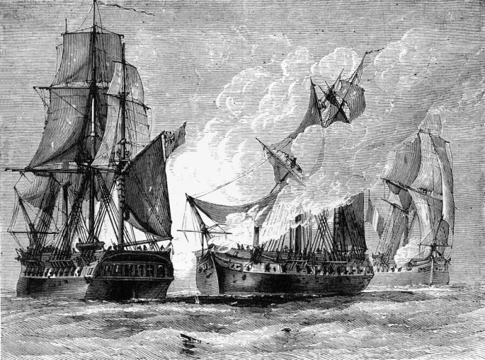 Framed Print : Engagement Between English and French Cruisers, c1891. Creator: James Grant