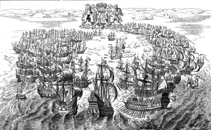Framed Print : Engagement between the English and Spanish Fleets off the Isle of Wight, 1588, after a Tapestry in Creator: Unknown Framed Print : Engagement between the English and Spanish Fleets off the Isle of Wight, 1588, after a Tapestry in Creator: Unknown