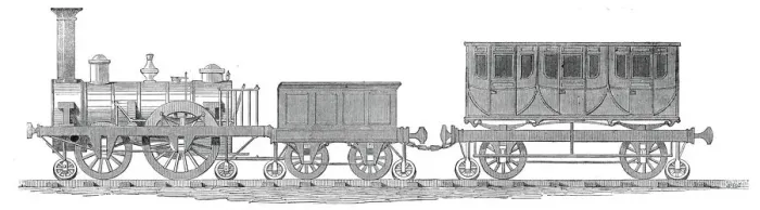 Framed Print : Engine, tender, and carriage - side view, 1845. Creator: Unknown Framed Print : Engine, tender, and carriage - side view, 1845. Creator: Unknown