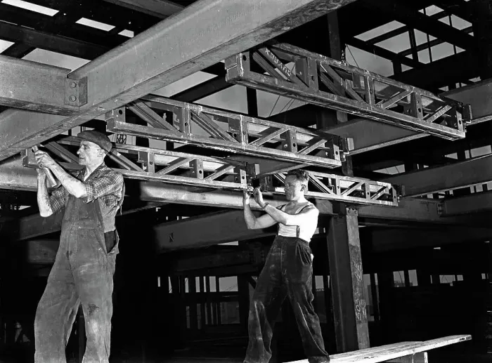 Framed Print : Engineers lifting steelwork into position, South Yorkshire, 1954. Artist: Michael Walters Framed Print : Engineers lifting steelwork into position, South Yorkshire, 1954. Artist: Michael Walters