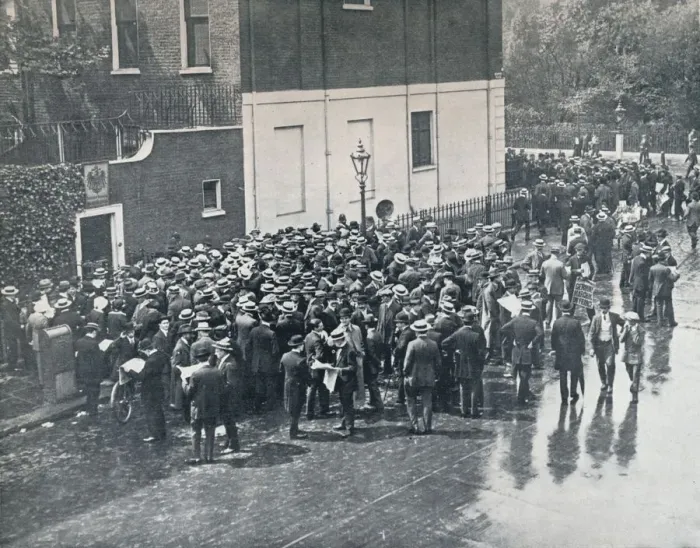 Framed Print : Before England declared war: German Reservists waiting outside German Consulate in London, 1914