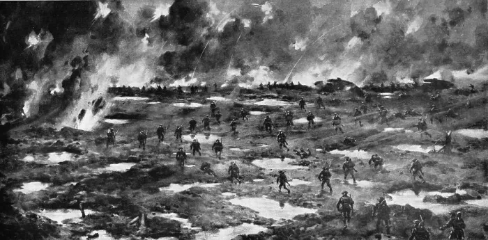 Framed Print : English Attack on July 31, 1917; Advance at dawn, of the infantry.. 1917. Creator: MHK Koekkoek Framed Print : English Attack on July 31, 1917; Advance at dawn, of the infantry.. 1917. Creator: MHK Koekkoek