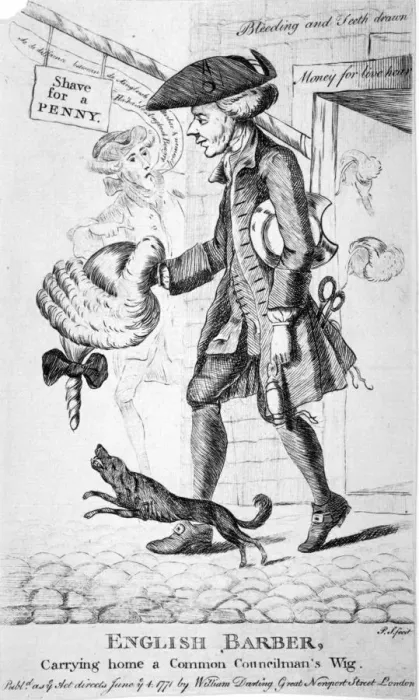 Framed Print : English barber, carrying home a common councilmans wig, 1771. Artist: PS Framed Print : English barber, carrying home a common councilmans wig, 1771. Artist: PS