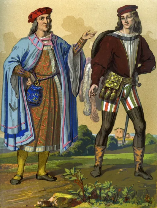 Framed Print : An English courtier of 1450 and an English gentleman of 1500 (1849). Artist: Edward May Framed Print : An English courtier of 1450 and an English gentleman of 1500 (1849). Artist: Edward May