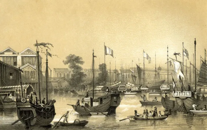 Framed Print : The English factories at Canton, 1847. Artist: JW Giles Framed Print : The English factories at Canton, 1847. Artist: JW Giles