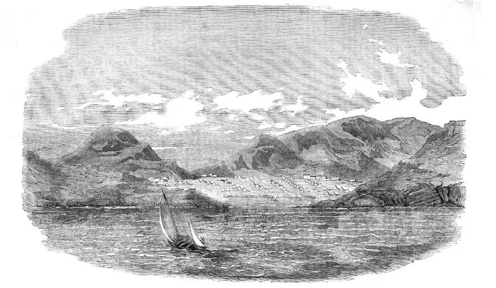 Framed Print : The English and French Camps in the Piraeus - Sketched from the Gulf of Egina, 1854. Creator: Unknown Framed Print : The English and French Camps in the Piraeus - Sketched from the Gulf of Egina, 1854. Creator: Unknown
