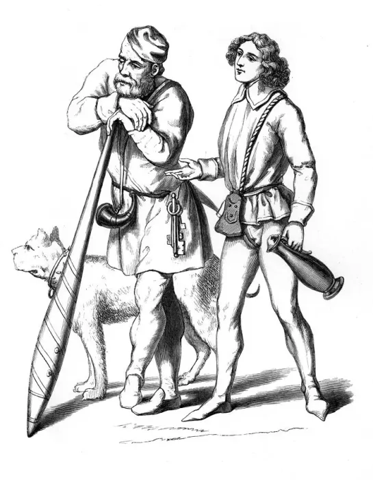 Framed Print : An English gatekeeper (1480) and domestic servant (1475), 15th century (1849) Framed Print : An English gatekeeper (1480) and domestic servant (1475), 15th century (1849)