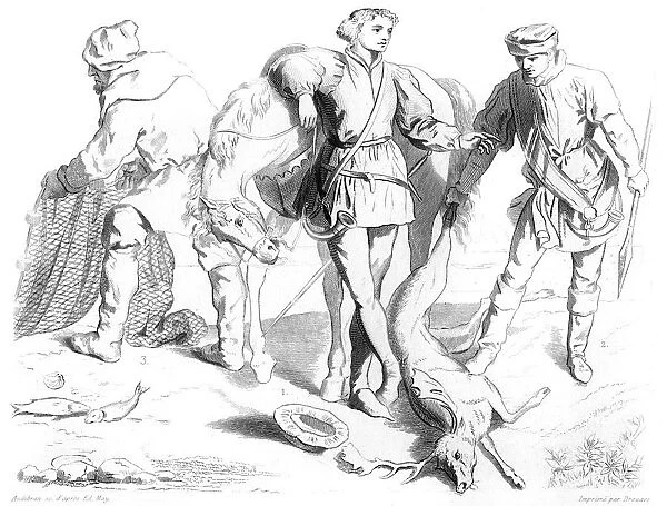 English hunter, gamekeeper and fisherman, 1435 (1849). Artist: Drouart