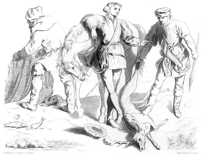 Framed Print : English hunter, gamekeeper and fisherman, 1435 (1849). Artist: Drouart Framed Print : English hunter, gamekeeper and fisherman, 1435 (1849). Artist: Drouart