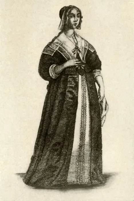 Framed Print : An English lady in house dress, 1640, (1937). Creator: Unknown Framed Print : An English lady in house dress, 1640, (1937). Creator: Unknown