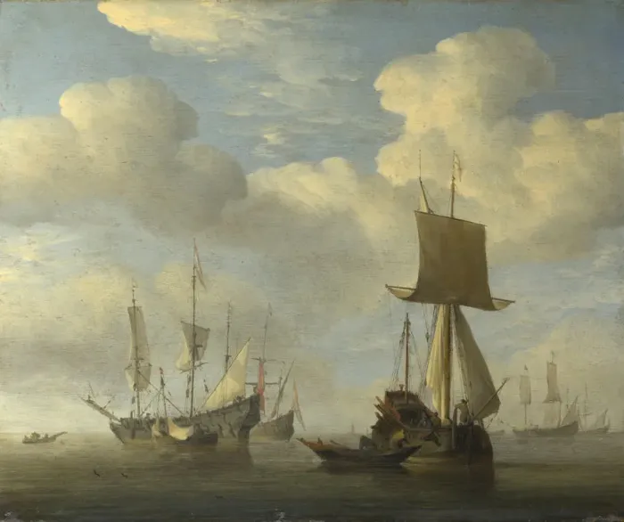 Framed Print : An English Vessel and Dutch Ships Becalmed, c. 1660. Artist: Velde, Willem van de, the Younger (1633-1707) Framed Print : An English Vessel and Dutch Ships Becalmed, c. 1660. Artist: Velde, Willem van de, the Younger (1633-1707)