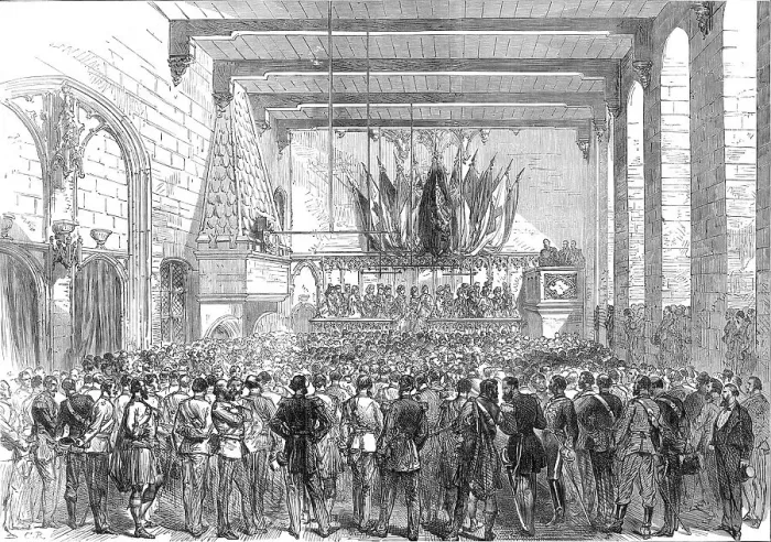 Framed Print : The English Volunteers at Ghent: Reception at the Hotel de Ville, 1872. Creator: Unknown Framed Print : The English Volunteers at Ghent: Reception at the Hotel de Ville, 1872. Creator: Unknown
