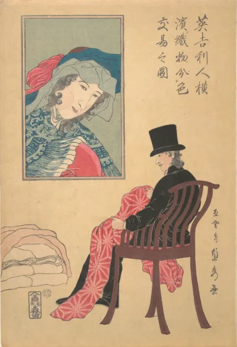Framed Print : Englishman Sorting Fabrics, 2nd month, 1861. Creator: Sadahide Utagawa Framed Print : Englishman Sorting Fabrics, 2nd month, 1861. Creator: Sadahide Utagawa