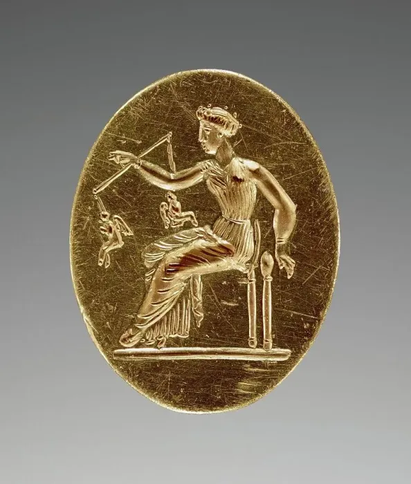 Framed Print : Engraved Ring with Aphrodite Weighing Two Erotes, about 350 BC. Creator: Unknown Framed Print : Engraved Ring with Aphrodite Weighing Two Erotes, about 350 BC. Creator: Unknown
