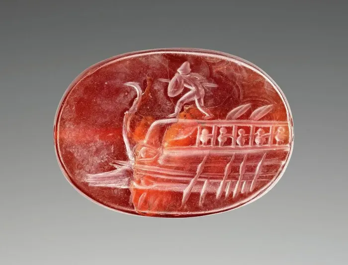 Framed Print : Engraved Scaraboid with Protesilaos on the Prow of a Ship, 400-350 BC. Creator: Unknown