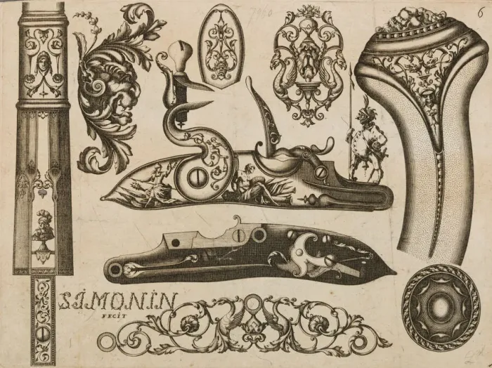 Framed Print : Engraving of Firearms Ornament, 1693 or 1695. Creator: Claude Simonin Framed Print : Engraving of Firearms Ornament, 1693 or 1695. Creator: Claude Simonin