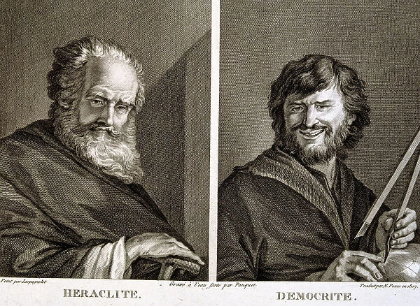 Engraving with Heraclitus 535-484 BC. and Democritus 460-370 BC. Greek philosophers