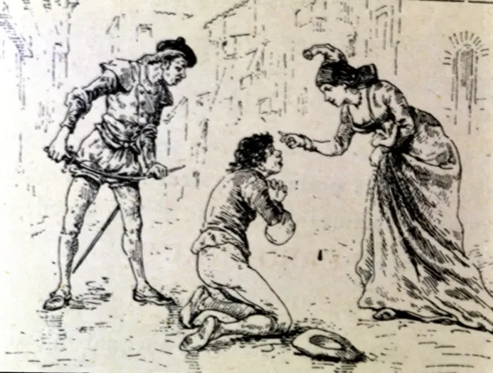 Framed Print : Engraving, a poor before a lady in an edition of La Comedie Espagnole by Lope de Rueda, 1883 Framed Print : Engraving, a poor before a lady in an edition of La Comedie Espagnole by Lope de Rueda, 1883