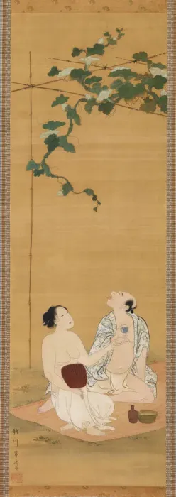 Framed Print : Enjoying the Evening Cool under a Gourd Trellis, early 19th century. Creator: Utagawa Toyohiro Framed Print : Enjoying the Evening Cool under a Gourd Trellis, early 19th century. Creator: Utagawa Toyohiro
