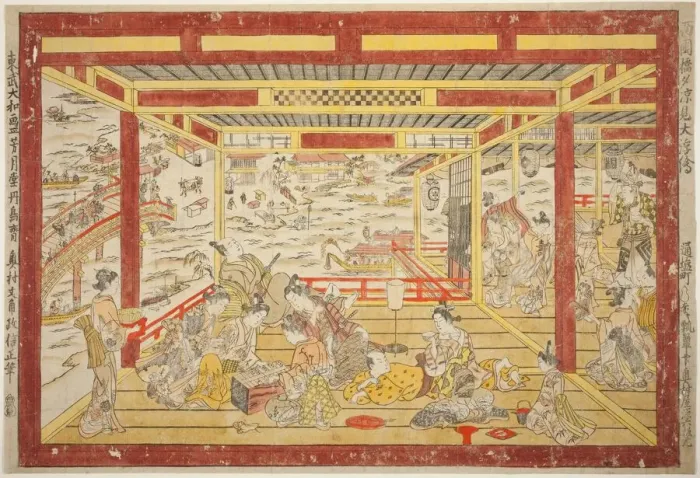 Framed Print : Enjoying the Evening Cool near Ryogoku Bridge (Ryogoku bashi yusuzumi uki-e), c. 1740. Creator: Okumura Masanobu Framed Print : Enjoying the Evening Cool near Ryogoku Bridge (Ryogoku bashi yusuzumi uki-e), c. 1740. Creator: Okumura Masanobu