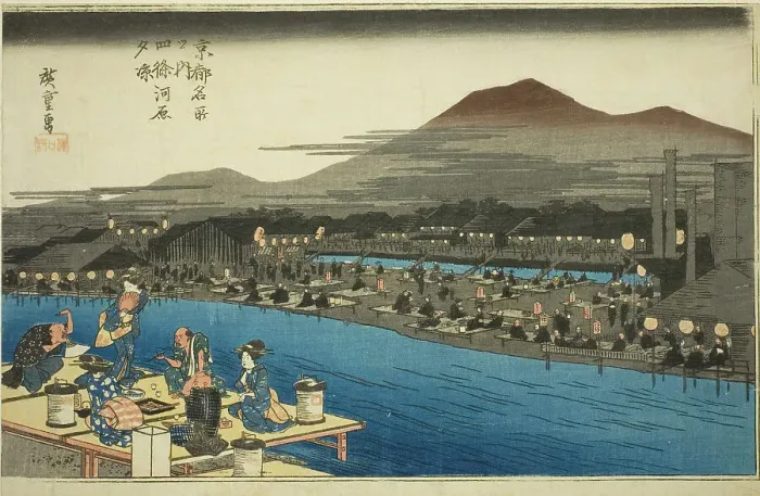 Framed Print : Enjoying the Evening Cool on the Riverbed at Shijo (Shijogawara yusuzumi), from the... c. 1834. Creator: Ando Hiroshige Framed Print : Enjoying the Evening Cool on the Riverbed at Shijo (Shijogawara yusuzumi), from the... c. 1834. Creator: Ando Hiroshige